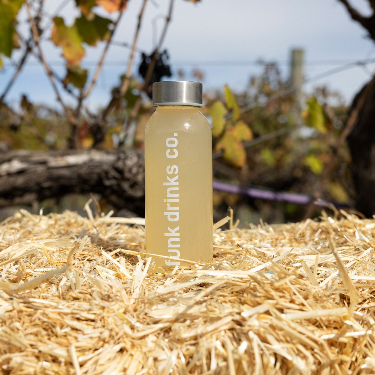 Funk Drinks Co Ginger Tonic cold pressed juice bottle on a straw bale beside a grapevine