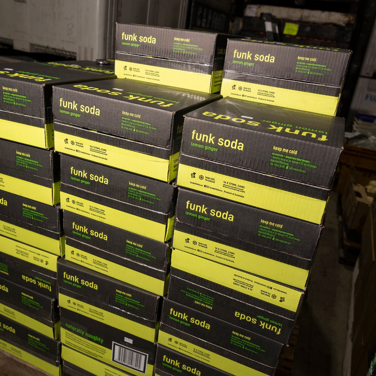 Stacked cartons of Funk craft soda in the Swan Valley warehouse