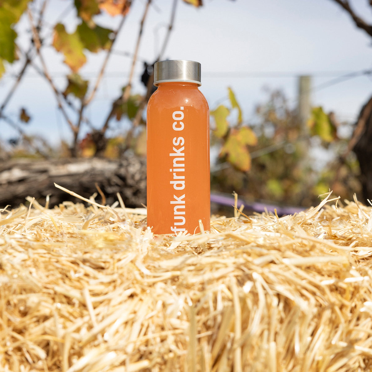 A bottle of Funk Strawberry Lemonade cold pressed juice on a straw bale beneath a grapevine